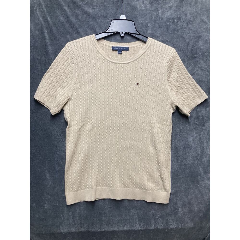Tommy Hilfiger Short Slv Cable Knit Top Women's Sz L Beige Old Money Preppy 90s